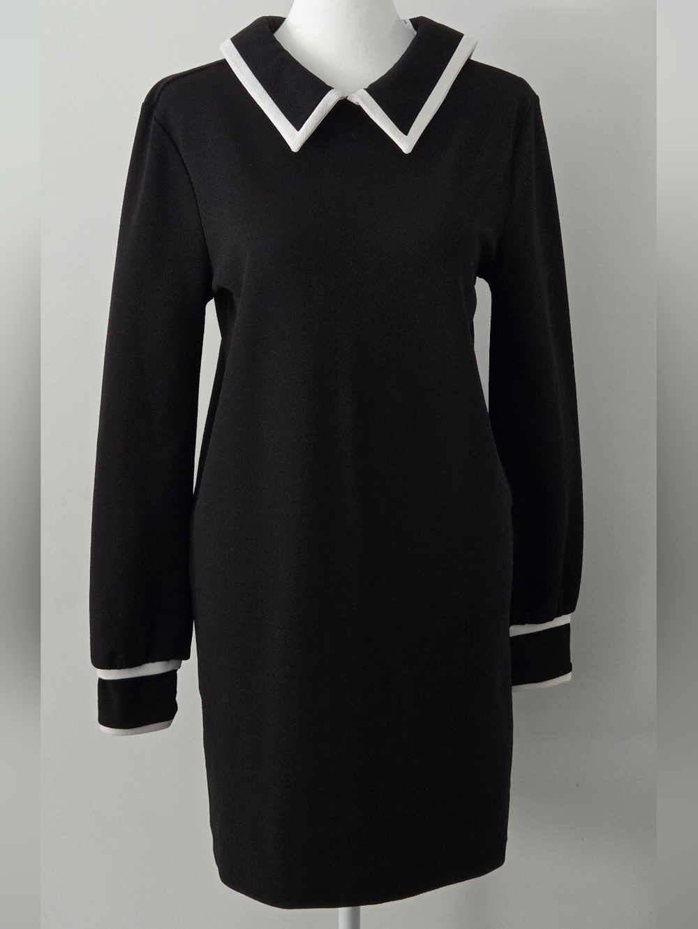 Zara Black Long Sleeve Shift Dress with White Trim Collar